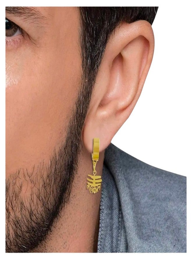 Shree Ju™ Trending Golden Lord Shiv Mahakal Design Bali Huggie Hinged Hoop Studs Stainless Steel Drop Earrings Fashion Jewellery For Men Women Boys Girls Unisex - Image 5