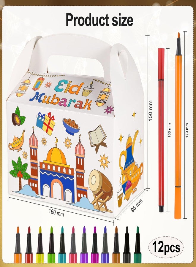 HOWAF 12pcs Eid Mubarak Color Gift Treat Boxes with Paint Pens for kids,Ramadan Kareem Coloring Candy Treat Boxes Ramadan Kareem Coloring Gift Boxes with Handle for Ramadan Eid Party Decoration - Image 2