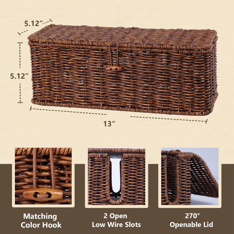 BROWNLILY Cable Management Box, Rattan Style Cord Organizer for Desk Cord Hider Outlet Covers Baby Proofing for Power Strip TV PC Router Charger Under Desk Storage with Lockable Lid and Cable Ties - Image 2