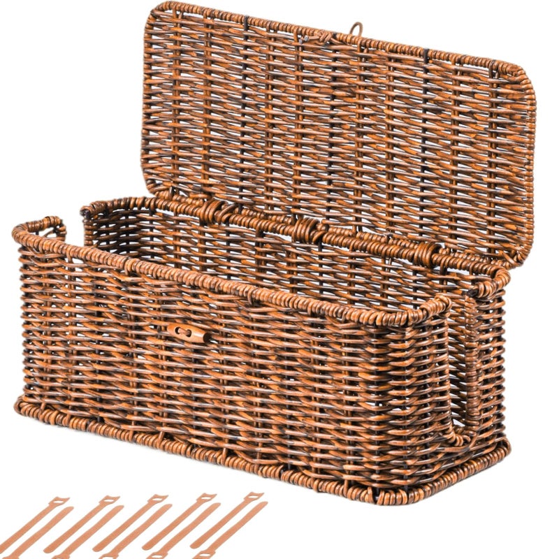 BROWNLILY Cable Management Box, Rattan Style Cord Organizer for Desk Cord Hider Outlet Covers Baby Proofing for Power Strip TV PC Router Charger Under Desk Storage with Lockable Lid and Cable Ties - Image 1