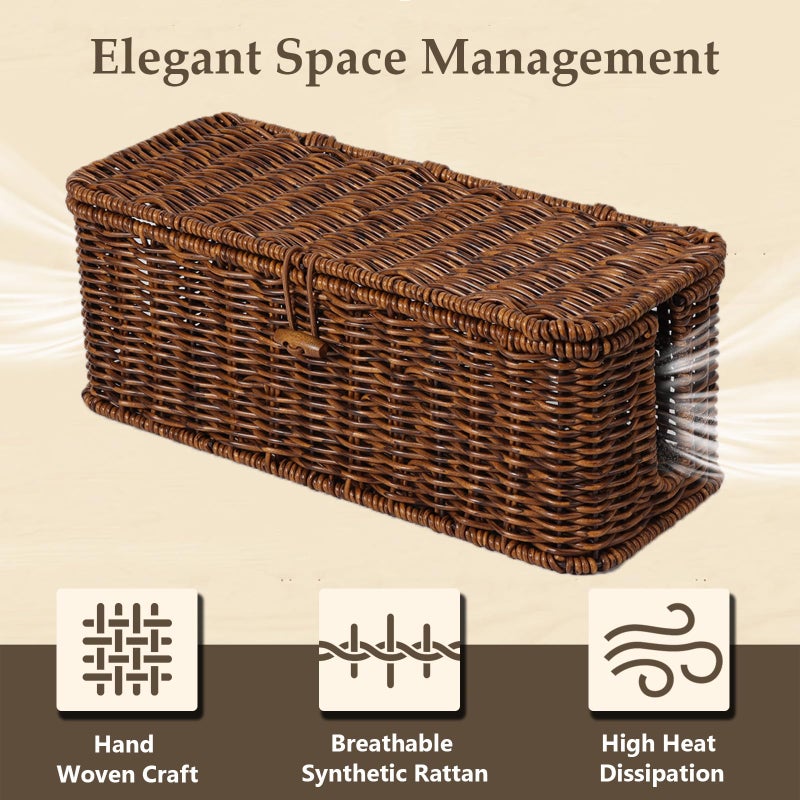 BROWNLILY Cable Management Box, Rattan Style Cord Organizer for Desk Cord Hider Outlet Covers Baby Proofing for Power Strip TV PC Router Charger Under Desk Storage with Lockable Lid and Cable Ties - Image 3