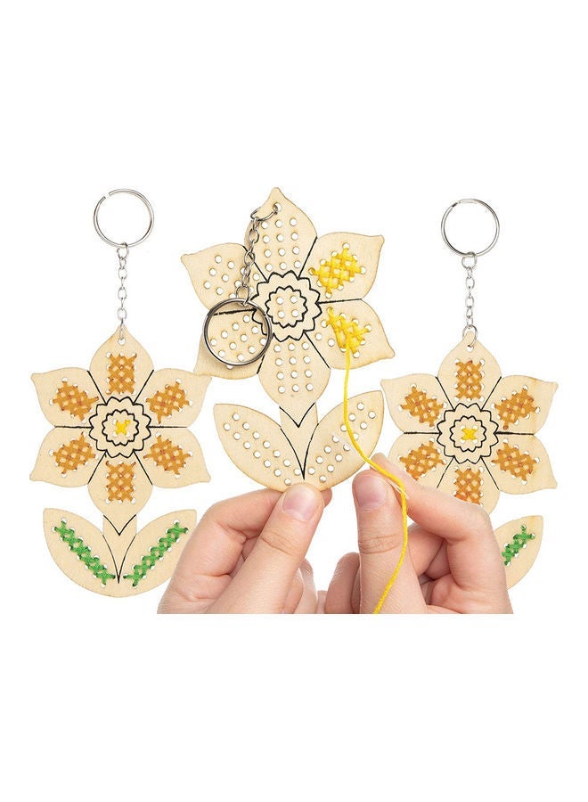 NIBEMINENT 5-Piece Wooden Sun Flower Pendant Cross Stitch Keychain Kit Multicolour 11x7.3x0.2cm - Image 1
