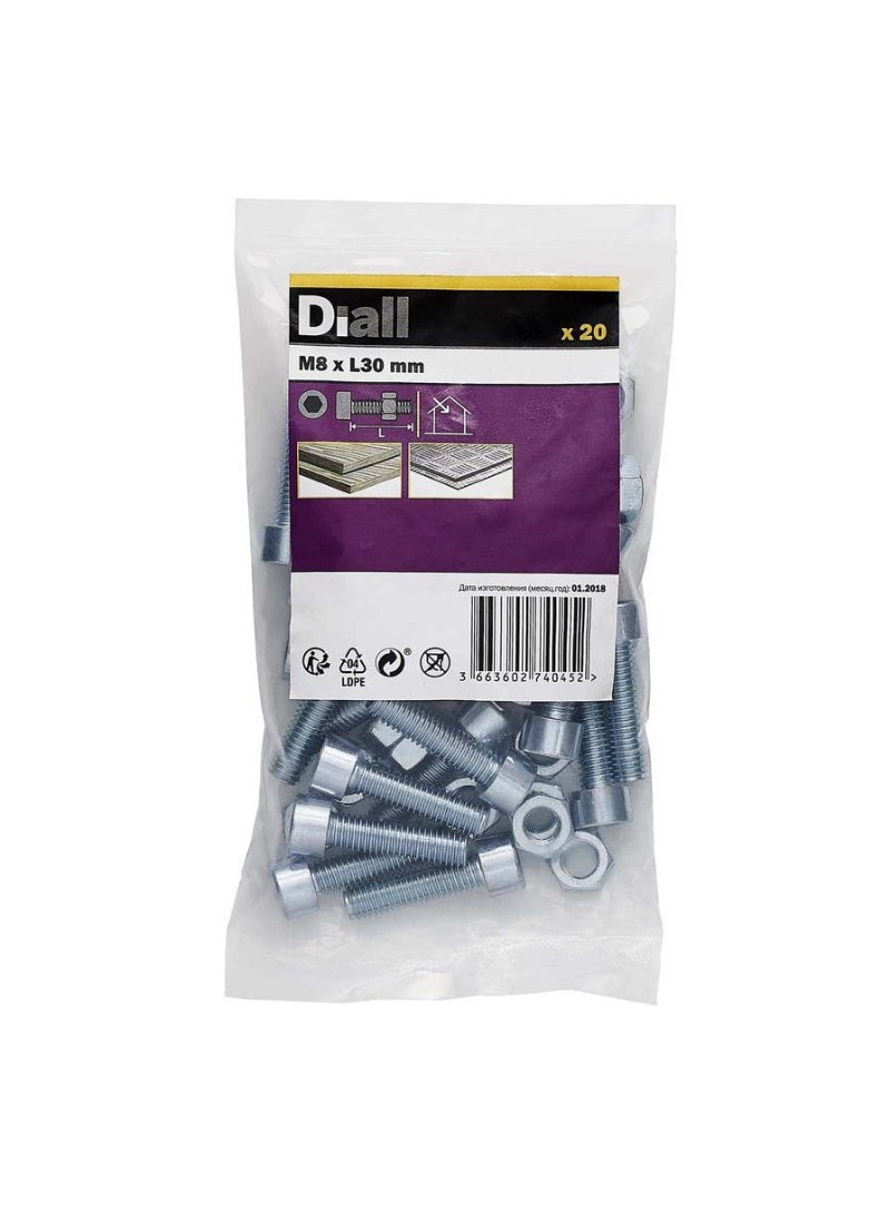 ACE Diall M8 Cylindrical Carbon Steel Set Screw And Nut 30mm 20Pcs