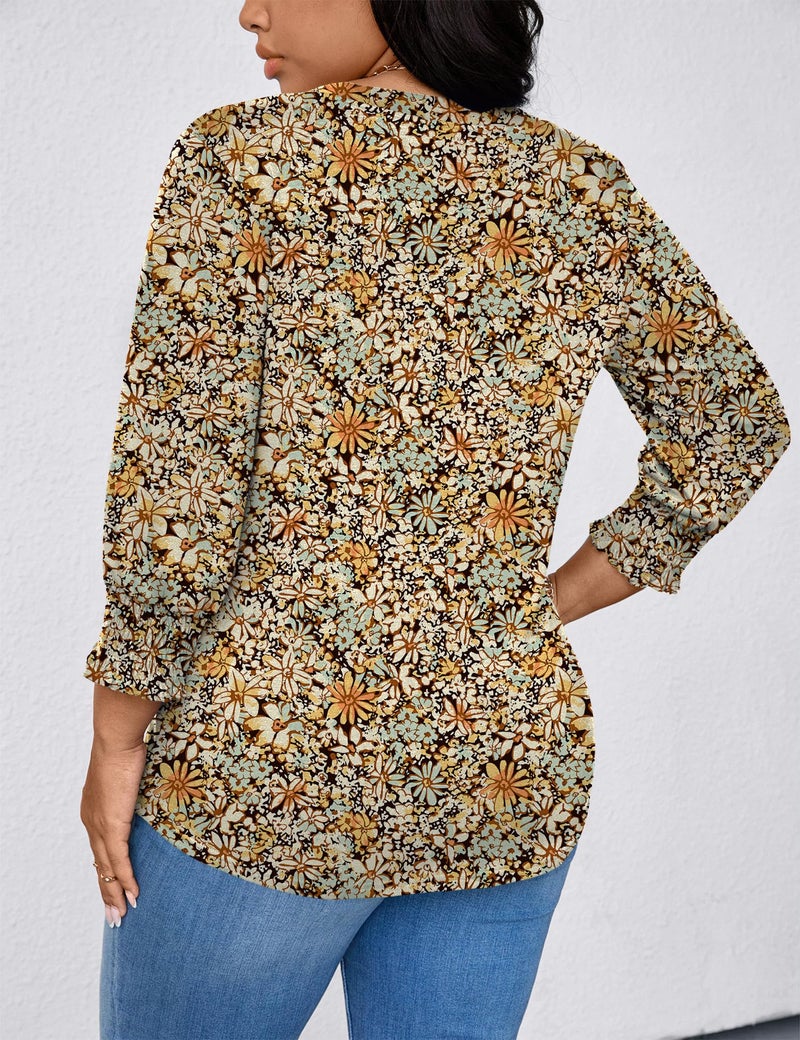 TFSDOD Womens Plus Size Tops with Smocked Cuffs Elbow Sleeve T Shirts V Neck Spring Clothes for Women 2026 Yellow Blue Floral 2X - Image 3