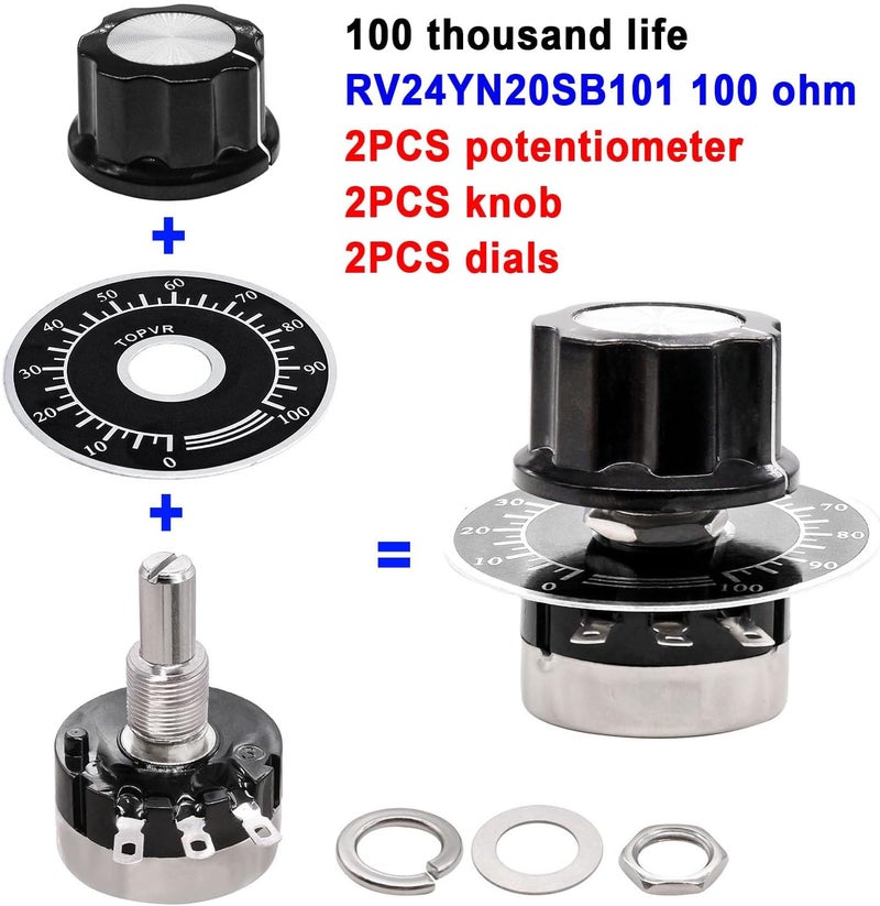 Taiss /2pcs RV24YN20S Potentiometer 100 ohm Single Turn Carbon Film Rotary Taper Potentiometer Used for Inverter speed regulation. Motor speed control + 2pcs A03 knob + 2pcs dials (B101 100 ohm) - Image 2