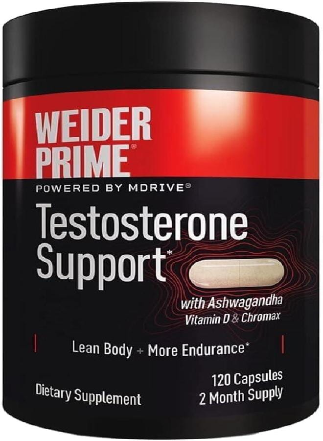 Weider Prime Testosterone Support - Men's Nutrition - Enriched with Vitamins & Minerals - with Ashwagandha, Chromax Chromium, Bioperine & Zinc - Gluten Free - 120 Capsules - Image 1
