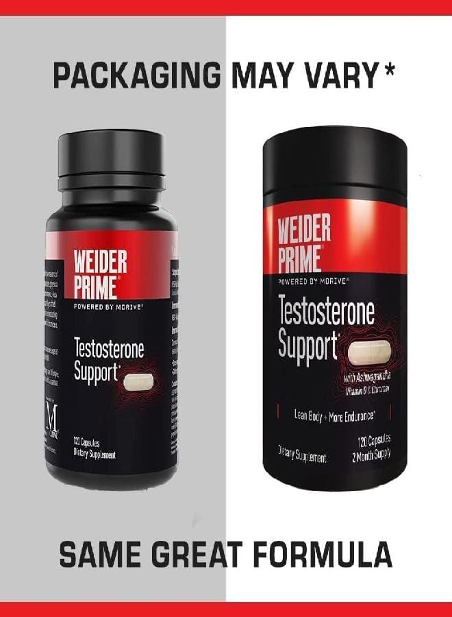 Weider Prime Testosterone Support - Men's Nutrition - Enriched with Vitamins & Minerals - with Ashwagandha, Chromax Chromium, Bioperine & Zinc - Gluten Free - 120 Capsules - Image 2