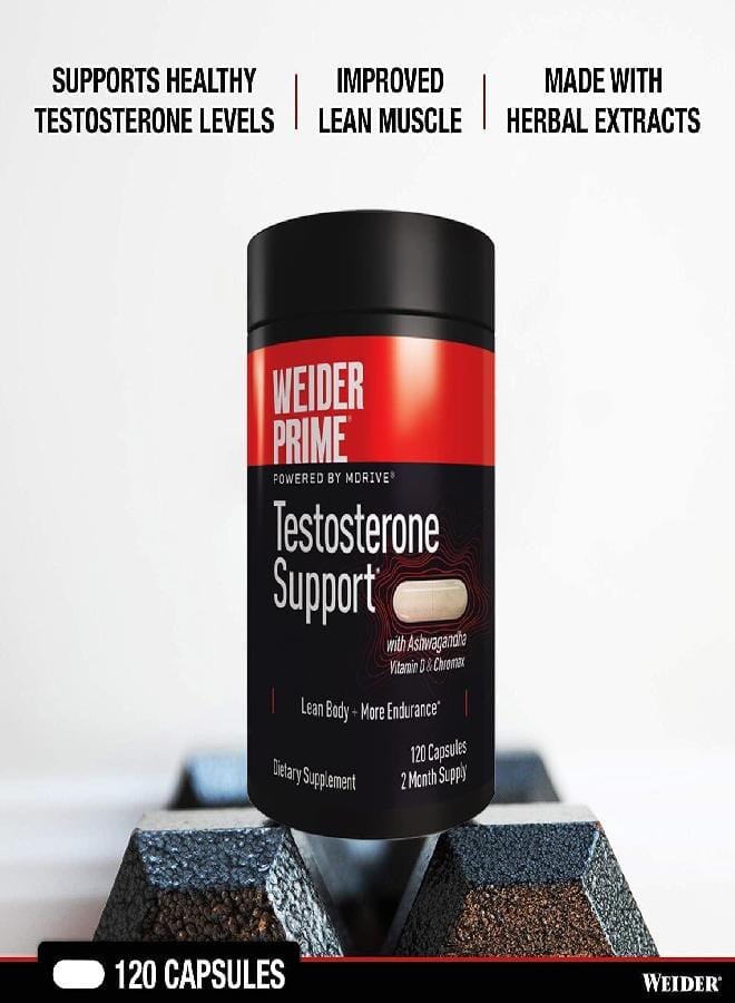 Weider Prime Testosterone Support - Men's Nutrition - Enriched with Vitamins & Minerals - with Ashwagandha, Chromax Chromium, Bioperine & Zinc - Gluten Free - 120 Capsules - Image 4