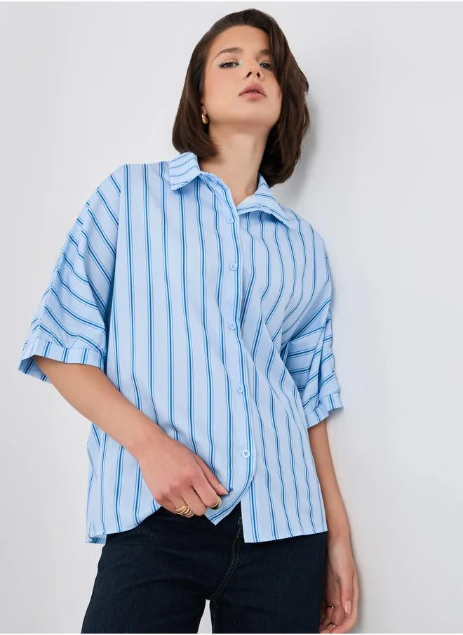تايك تو Take Two Striped Short Sleeve Spread Collar Shirt