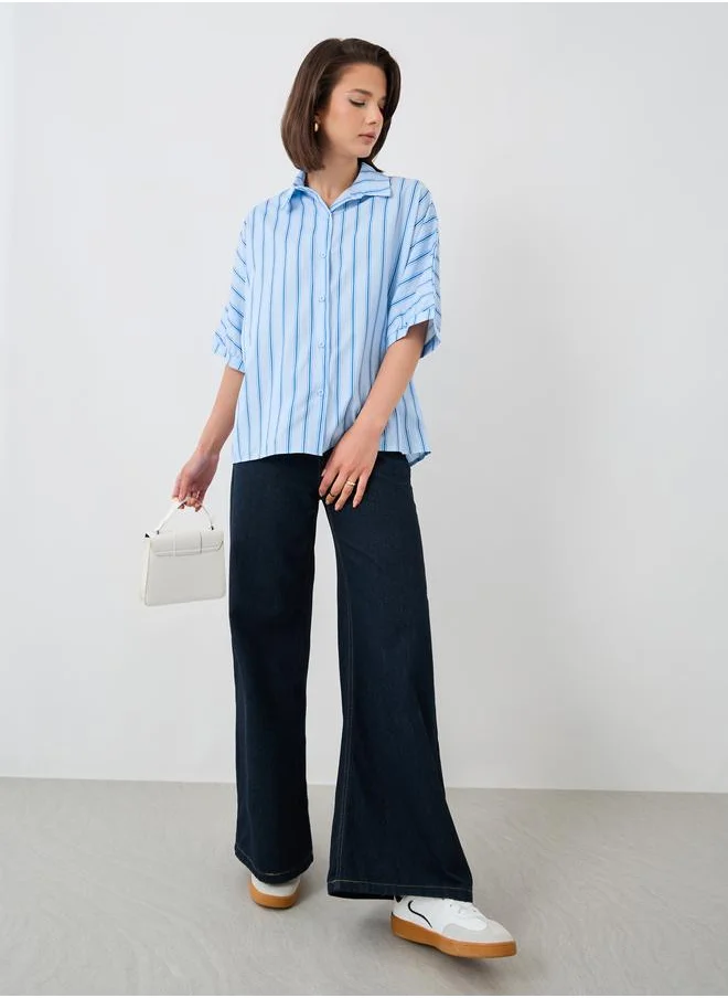 تايك تو Take Two Striped Short Sleeve Spread Collar Shirt