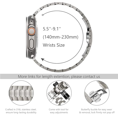 WINGLE Stainless Steel Bands for Apple Watch Band Ultra 3/2/1 Band Ultra 49mm Series 11 10 46mm 45mm 44mm 42mm SE 3/2/1 Series 9 8 7 6 5 4 3 2 Men, Classy Business Rugged Metal iWatch Bands, Titanium - Image 5