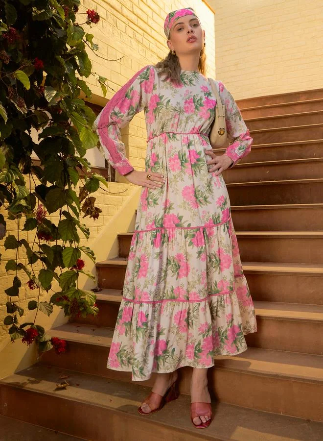 ساسافراس Sassafras Beige Floral Lace Insert Tiered Maxi Dress