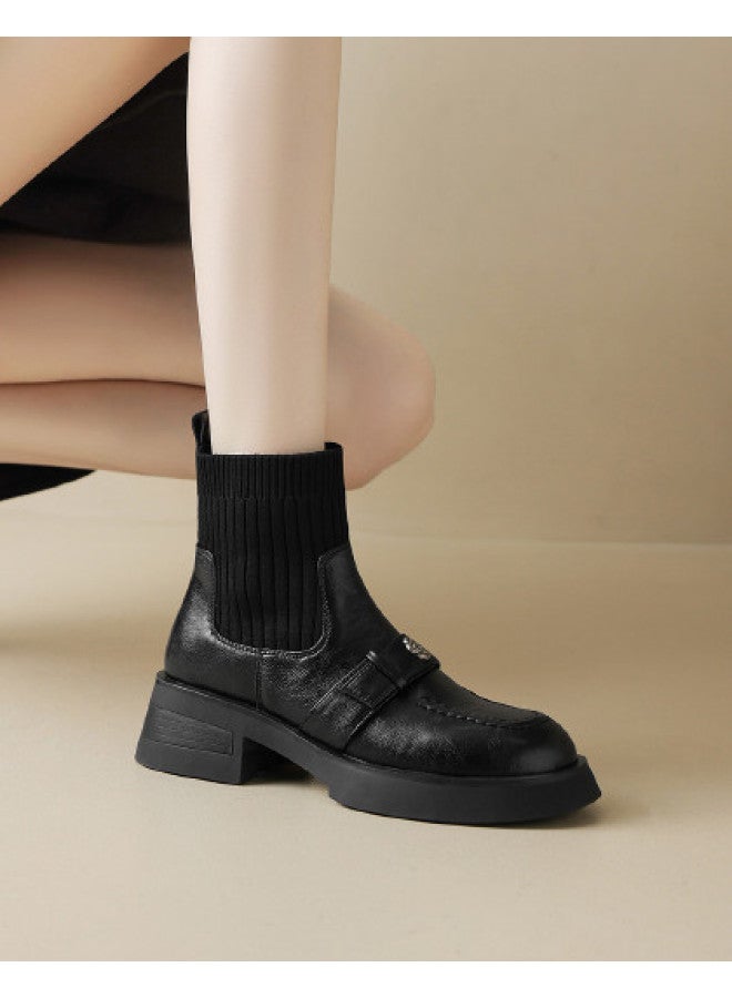 AME Patchwork Knit Sock Boots 2025 New Retro Hong Kong Style Camellia Slimming Boots, Youthful And Comfortable Ankle Boots - Image 1