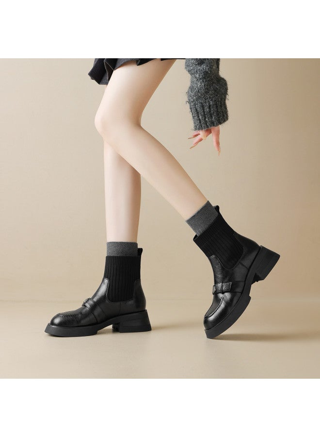 AME Patchwork Knit Sock Boots 2025 New Retro Hong Kong Style Camellia Slimming Boots, Youthful And Comfortable Ankle Boots - Image 4