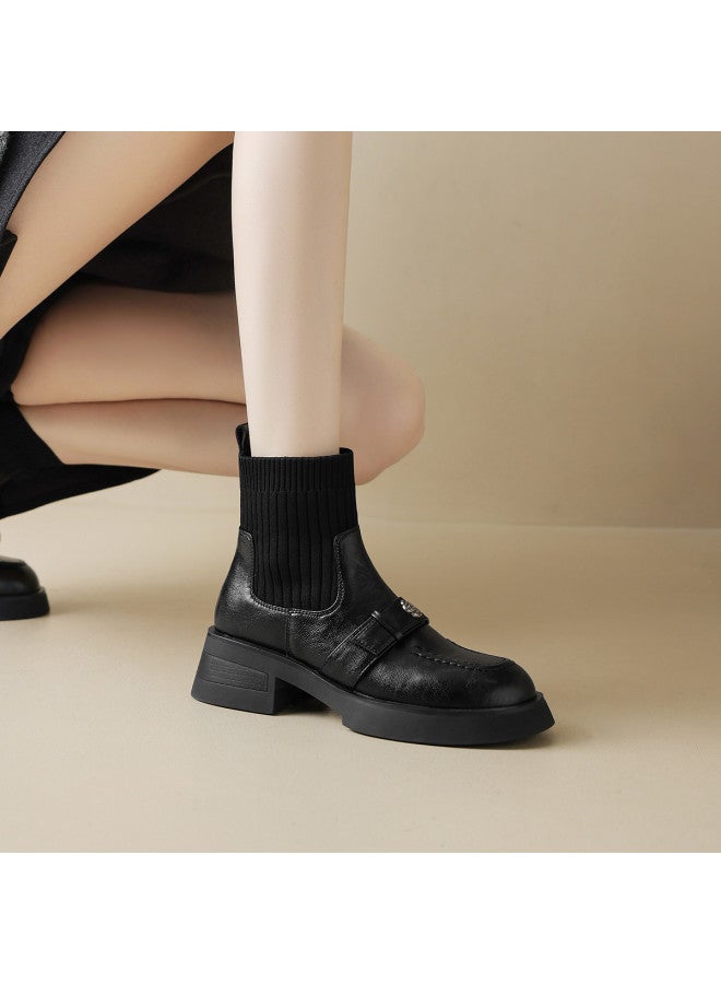 AME Patchwork Knit Sock Boots 2025 New Retro Hong Kong Style Camellia Slimming Boots, Youthful And Comfortable Ankle Boots - Image 2