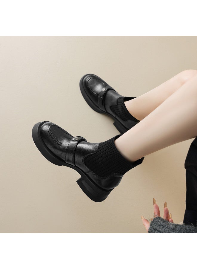 AME Patchwork Knit Sock Boots 2025 New Retro Hong Kong Style Camellia Slimming Boots, Youthful And Comfortable Ankle Boots - Image 3