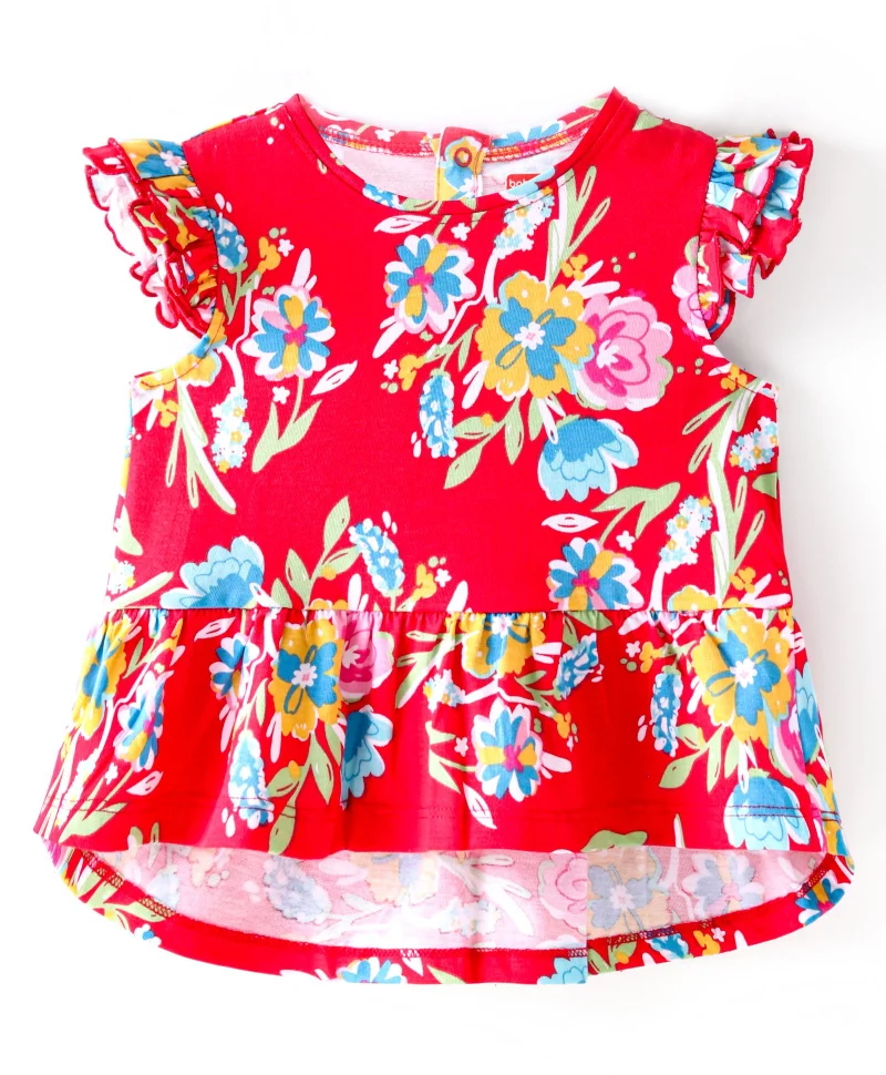 babyhug Babyhug Cotton Knit Frill Sleeves Floral All Over Printed Frock Style Top - Red
