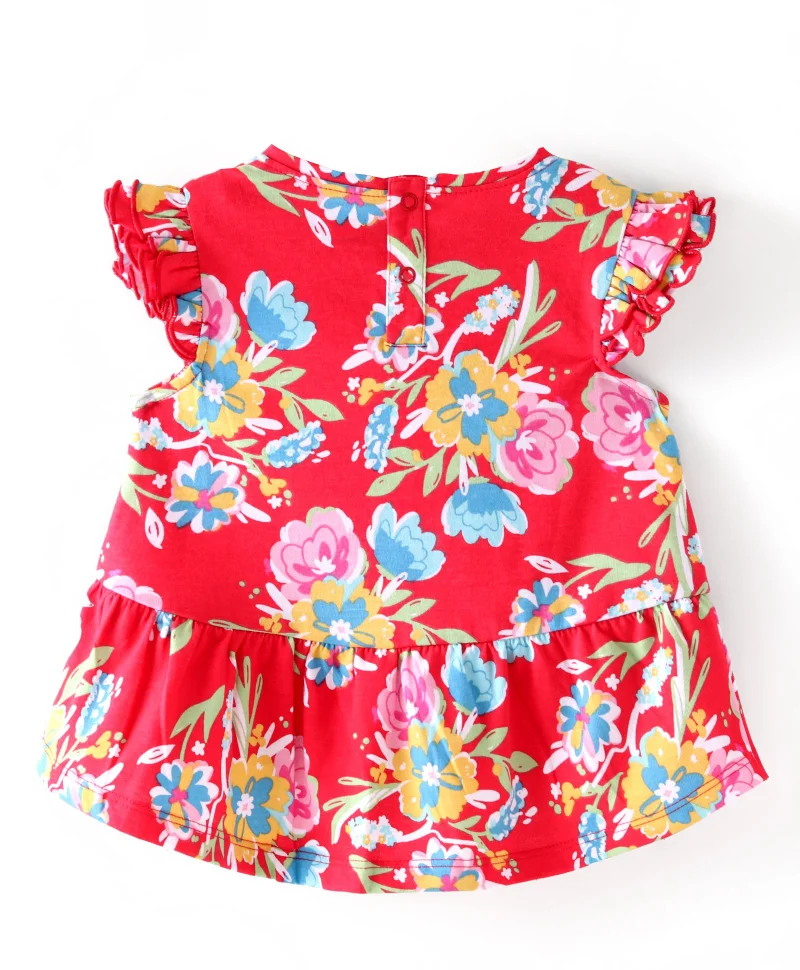 babyhug Babyhug Cotton Knit Frill Sleeves Floral All Over Printed Frock Style Top - Red