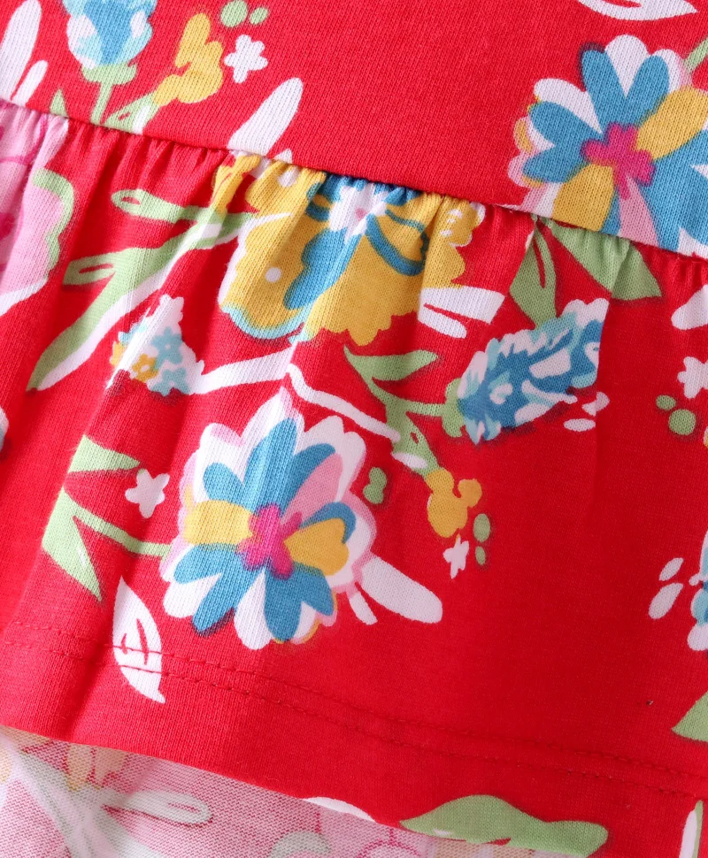 babyhug Babyhug Cotton Knit Frill Sleeves Floral All Over Printed Frock Style Top - Red