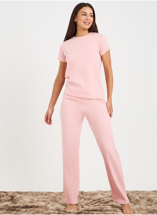 Styli Solid Cotton T-Shirt & Pyjama Set  - Image 2