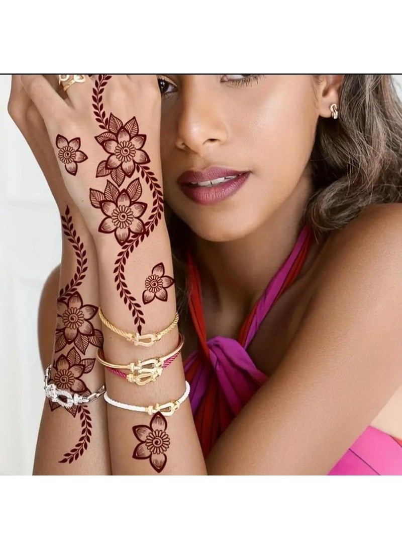 Floral Henna Temporary Tattoo Stickers, Burgundy Mehndi Design, 2 Sheets - Image 1