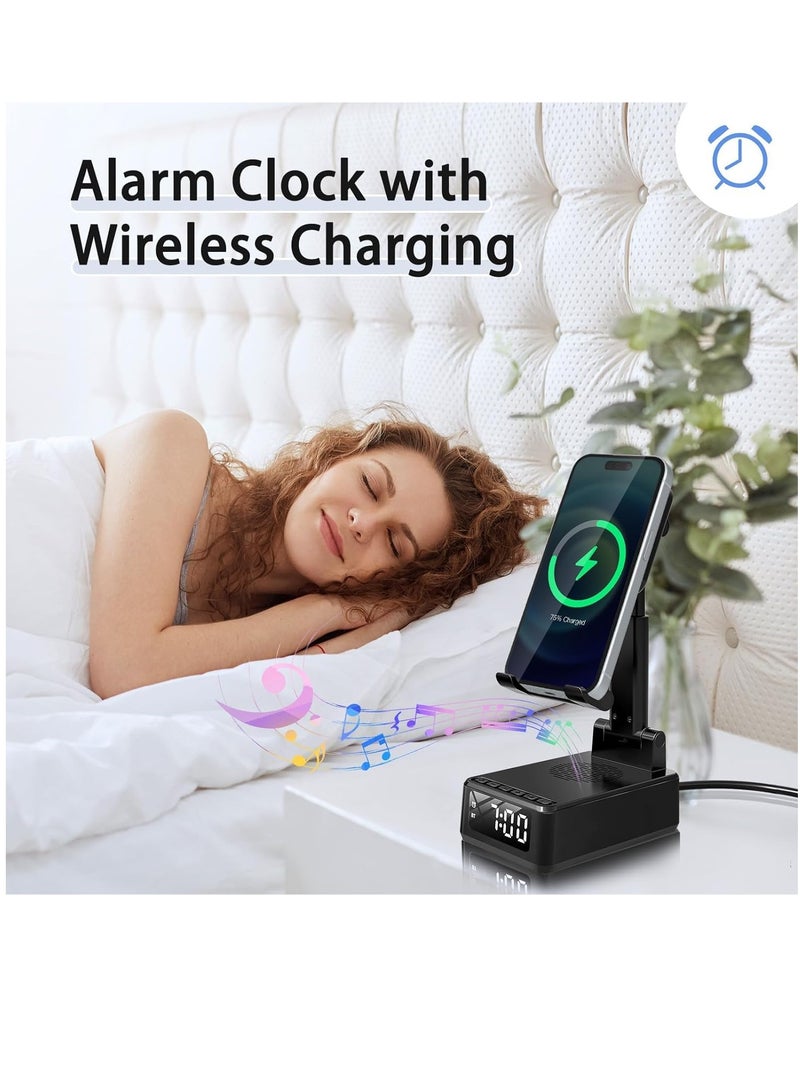 4 in 1 Bluetooth Speaker Wireless Charger Digital Alarm Clock Phone Stand Holder Compatible for iPhone/Samsung/iPads Tablets, Birthday Gifts for Women Men