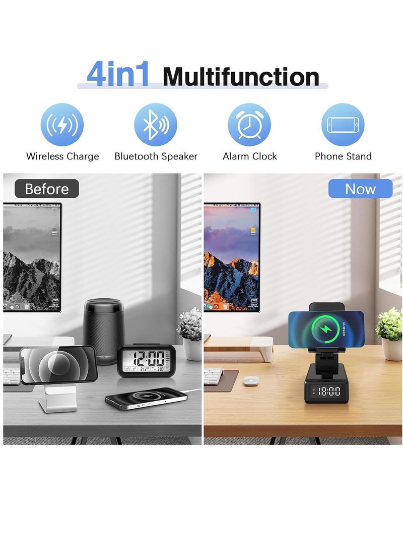XICEN 4 in 1 Bluetooth Speaker Wireless Charger Digital Alarm Clock Phone Stand Holder Compatible for iPhone/Samsung/iPads Tablets, Birthday Gifts for Women Men  - Image 2