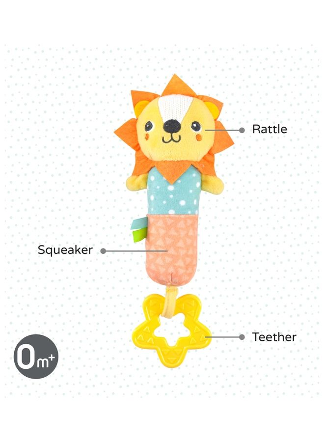 Moon Jungle Friends Soft Rattle Plush Toy With Colorful Characters, Squeaker Sounds And Teether, 6 Months Above, Lion 18 x 8 x 5cm - Image 2