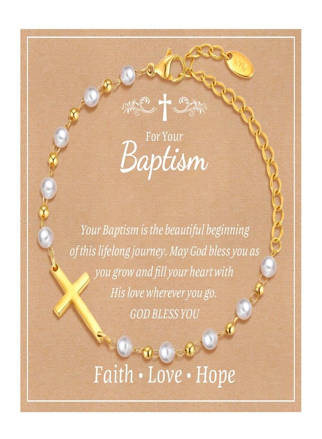 MEALGUET Baby Cross Bracelet Baptism Gift : 18k Gold Plated Delicate Pearl Cross Bracelets Children Kids Daughter Granddaughter Son Birthday First Communion Confirmation Gifts Christian Jewelry with Gift Box - Image 1
