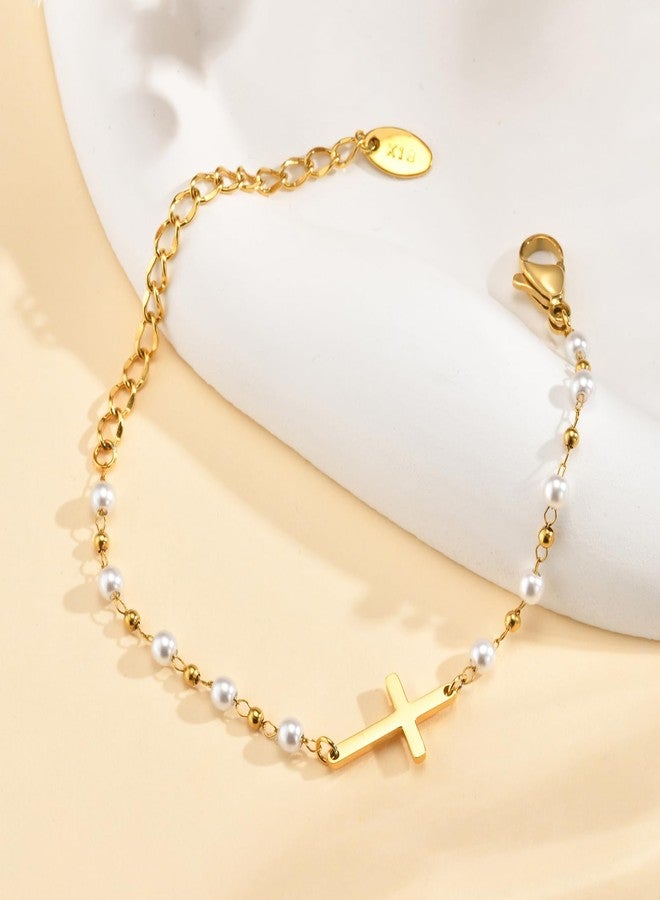 MEALGUET Baby Cross Bracelet Baptism Gift : 18k Gold Plated Delicate Pearl Cross Bracelets Children Kids Daughter Granddaughter Son Birthday First Communion Confirmation Gifts Christian Jewelry with Gift Box - Image 2