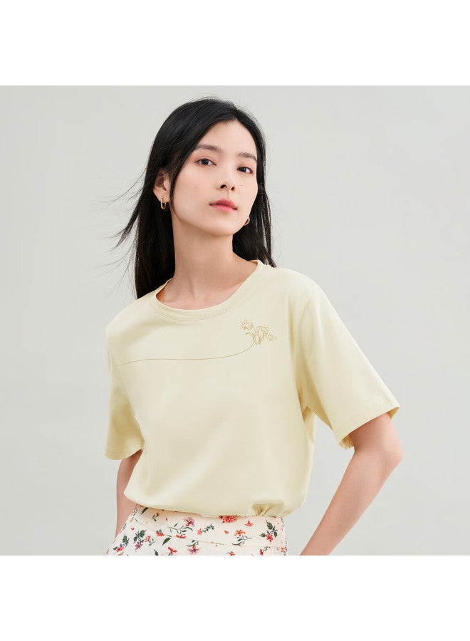 Inman Simple Solid Color Basic Short Sleeve T-shirt Women's Summer Top Cotton Breathable Comfortable Apricot M - Image 1