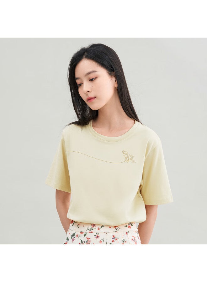 Inman Simple Solid Color Basic Short Sleeve T-shirt Women's Summer Top Cotton Breathable Comfortable Apricot M - Image 2