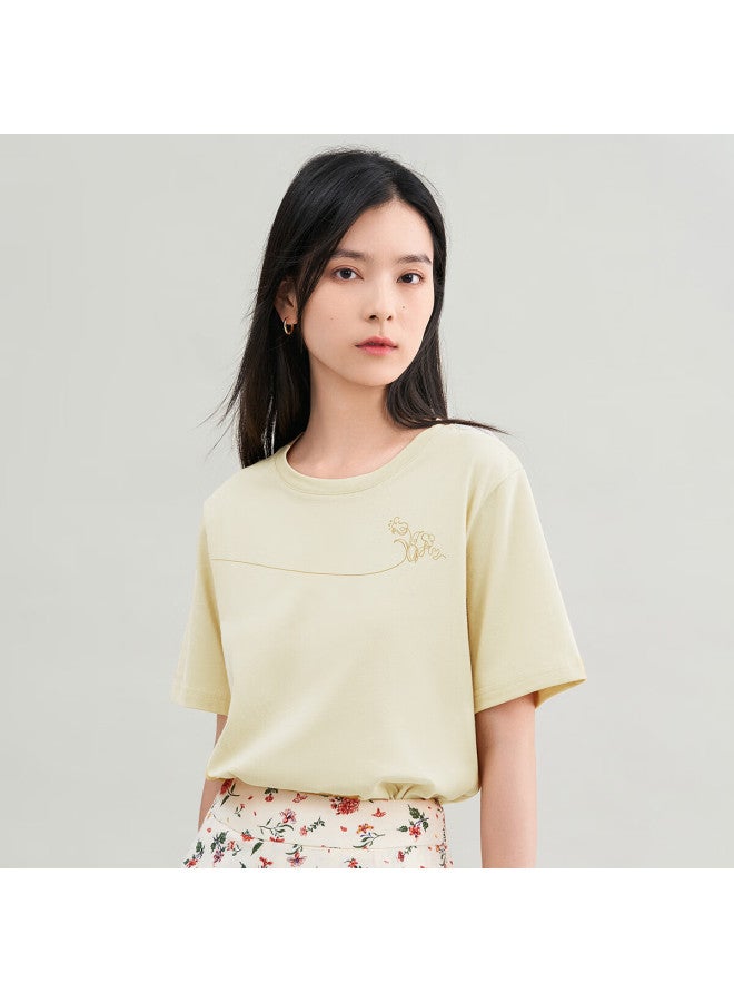 Inman Simple Solid Color Basic Short Sleeve T-shirt Women's Summer Top Cotton Breathable Comfortable Apricot M - Image 3