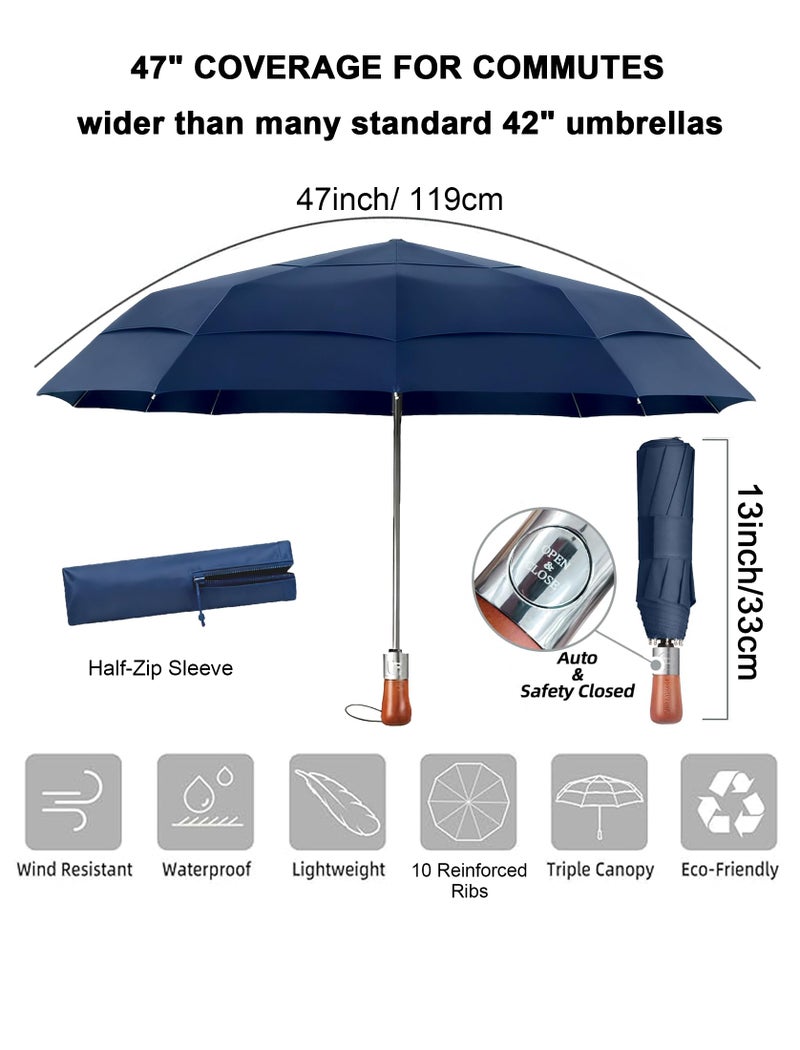 MasterUmbrella Windproof Folding Commuter Umbrella for Strong Wind & Rain, 10-Rib Reinforced Frame, 3-Layer Vented Canopy, Auto Open/Close, 47" Coverage for 1â€“2 People, Wooden Handle, 13" Folded, Lifetime Replacement - Image 2