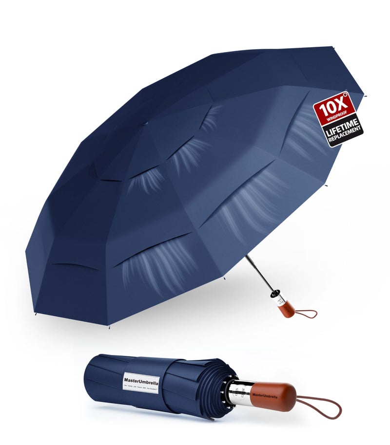 MasterUmbrella Windproof Folding Commuter Umbrella for Strong Wind & Rain, 10-Rib Reinforced Frame, 3-Layer Vented Canopy, Auto Open/Close, 47" Coverage for 1â€“2 People, Wooden Handle, 13" Folded, Lifetime Replacement - Image 1