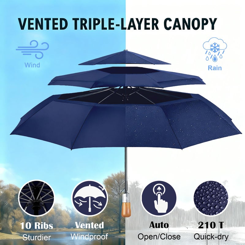 MasterUmbrella Windproof Folding Commuter Umbrella for Strong Wind & Rain, 10-Rib Reinforced Frame, 3-Layer Vented Canopy, Auto Open/Close, 47" Coverage for 1â€“2 People, Wooden Handle, 13" Folded, Lifetime Replacement - Image 4