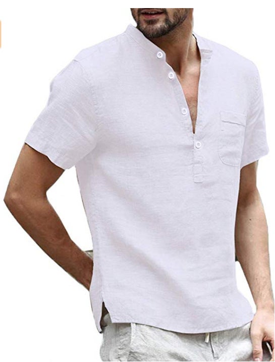 Summer Cotton Mens Stand Collar Solid Color Short Sleeve Shirt White  - Image 1