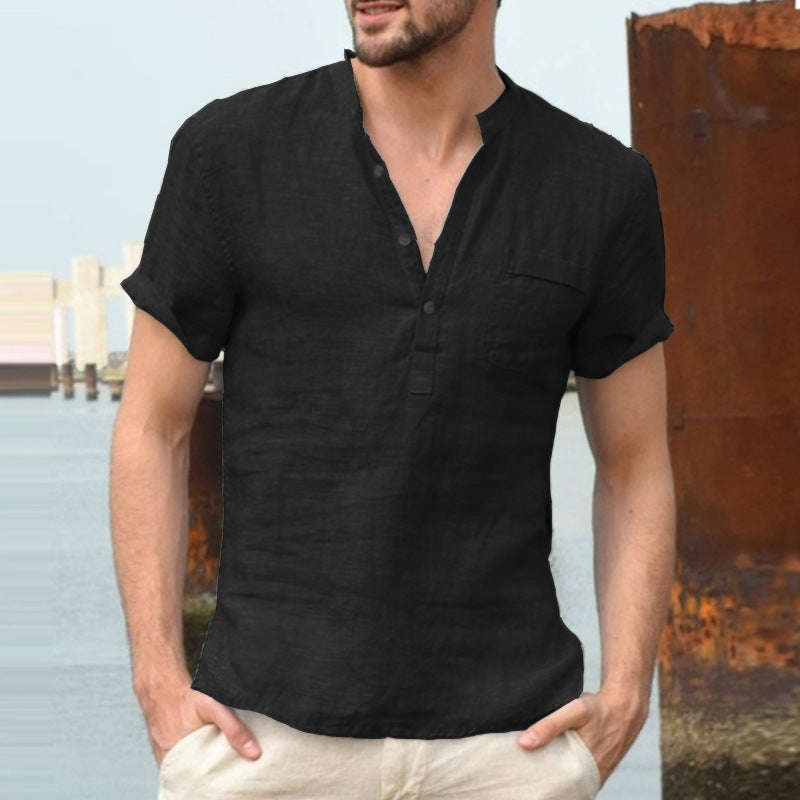 Summer Cotton Mens Stand Collar Solid Color Short Sleeve Shirt White  - Image 4