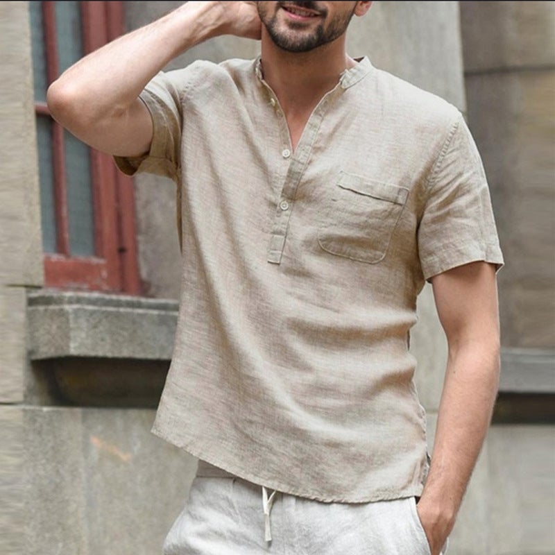 Summer Cotton Mens Stand Collar Solid Color Short Sleeve Shirt White  - Image 2