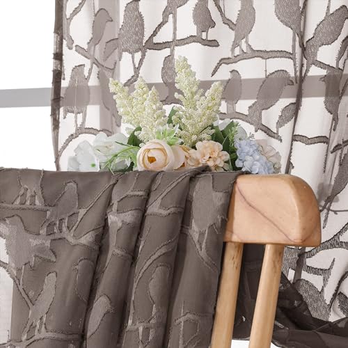 OVZME Anji Bird Brown Sheer Curtains 45 Inches Long 2 Panels Set for Small Window, Light Filtering Privacy Cafe Curtains Rod Pocket Top, Short Half Farmhouse Window Drapes for Kitchen, W38 x L45 Inch - Image 3