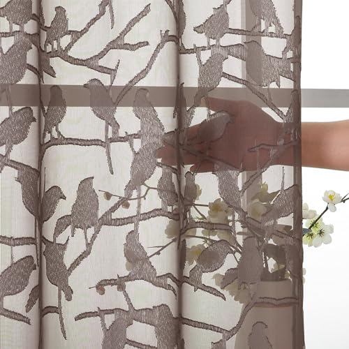 OVZME Anji Bird Brown Sheer Curtains 45 Inches Long 2 Panels Set for Small Window, Light Filtering Privacy Cafe Curtains Rod Pocket Top, Short Half Farmhouse Window Drapes for Kitchen, W38 x L45 Inch - Image 5