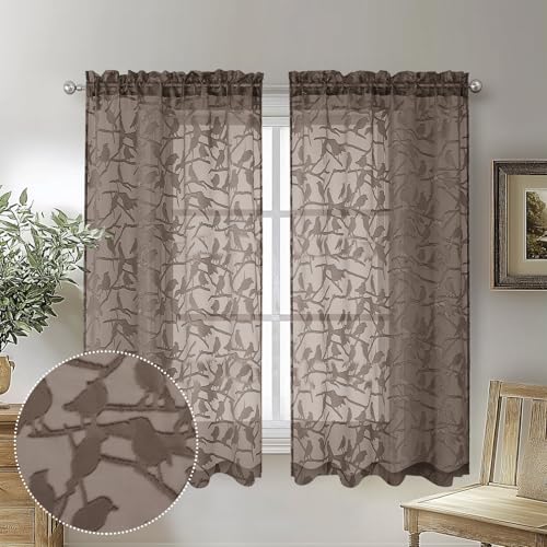 OVZME Anji Bird Brown Sheer Curtains 45 Inches Long 2 Panels Set for Small Window, Light Filtering Privacy Cafe Curtains Rod Pocket Top, Short Half Farmhouse Window Drapes for Kitchen, W38 x L45 Inch - Image 1
