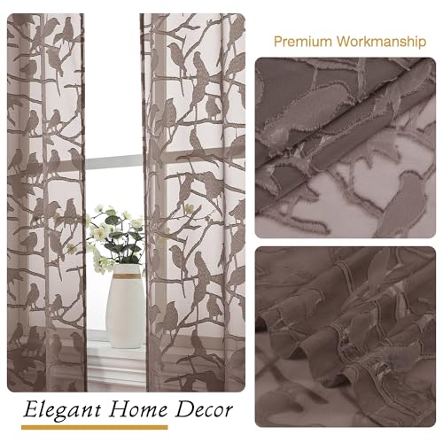 OVZME Anji Bird Brown Sheer Curtains 45 Inches Long 2 Panels Set for Small Window, Light Filtering Privacy Cafe Curtains Rod Pocket Top, Short Half Farmhouse Window Drapes for Kitchen, W38 x L45 Inch - Image 4