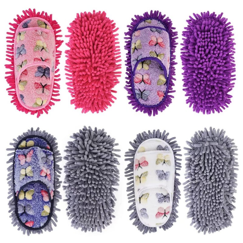 handrong Mop Slippers 4 Pairs of Dusting Slippers Butterfly Microfiber Mopping Slippers Mop Shoes Cleaning Slippers for Men Women Floor Cleaning Washable