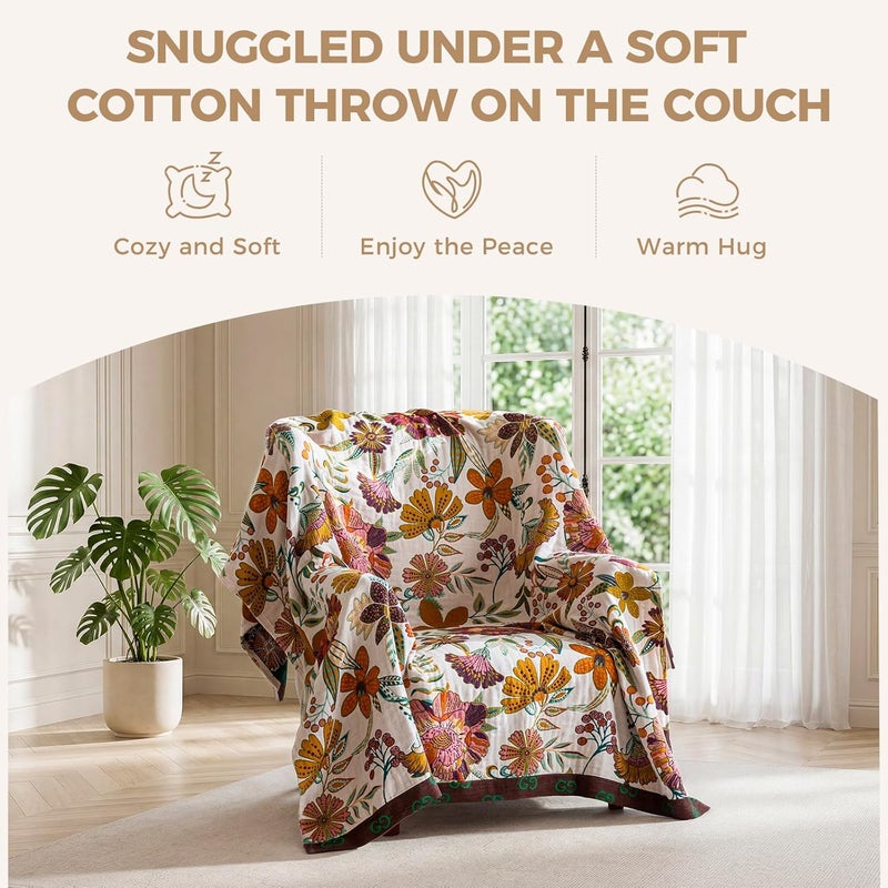 LUTBM Boho Throw Blanket for Bed - 100% Cotton Ultra Soft Rustic Quilt - Floral Printed Farmhouse Decor Bed Summer Blankets,60"×80" All Season Rustic Throw for Sofa Couch Chair - Image 4