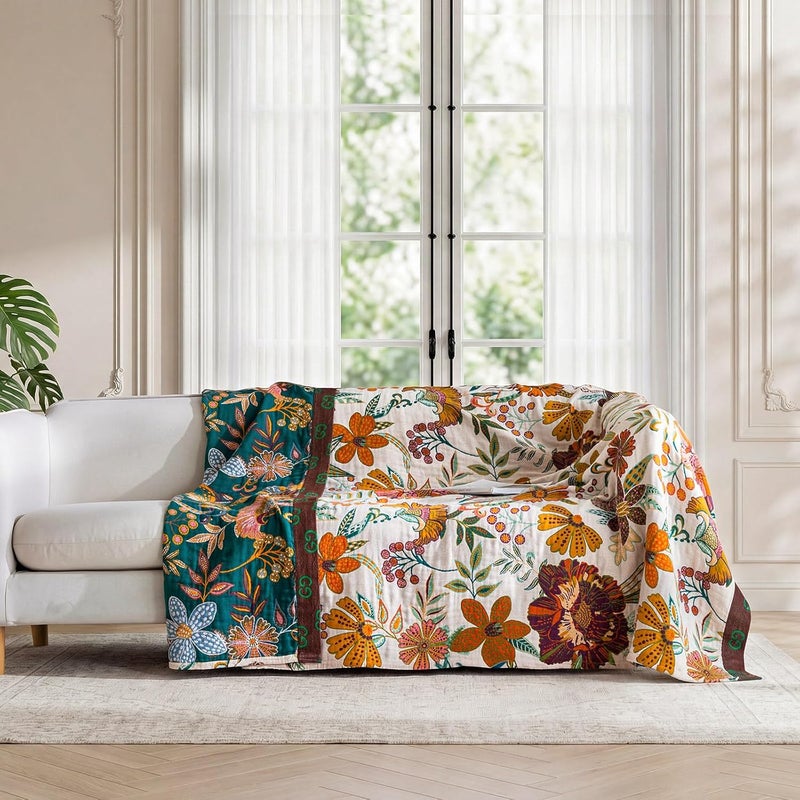 LUTBM Boho Throw Blanket for Bed - 100% Cotton Ultra Soft Rustic Quilt - Floral Printed Farmhouse Decor Bed Summer Blankets,60"×80" All Season Rustic Throw for Sofa Couch Chair - Image 5