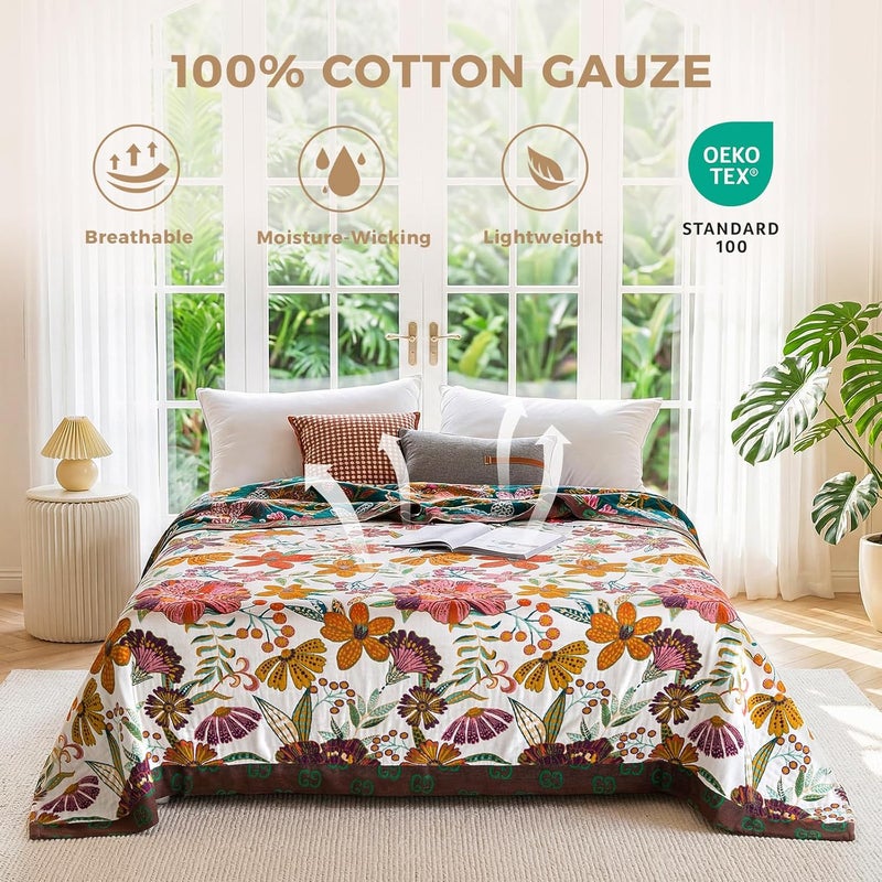 LUTBM Boho Throw Blanket for Bed - 100% Cotton Ultra Soft Rustic Quilt - Floral Printed Farmhouse Decor Bed Summer Blankets,60"×80" All Season Rustic Throw for Sofa Couch Chair - Image 2