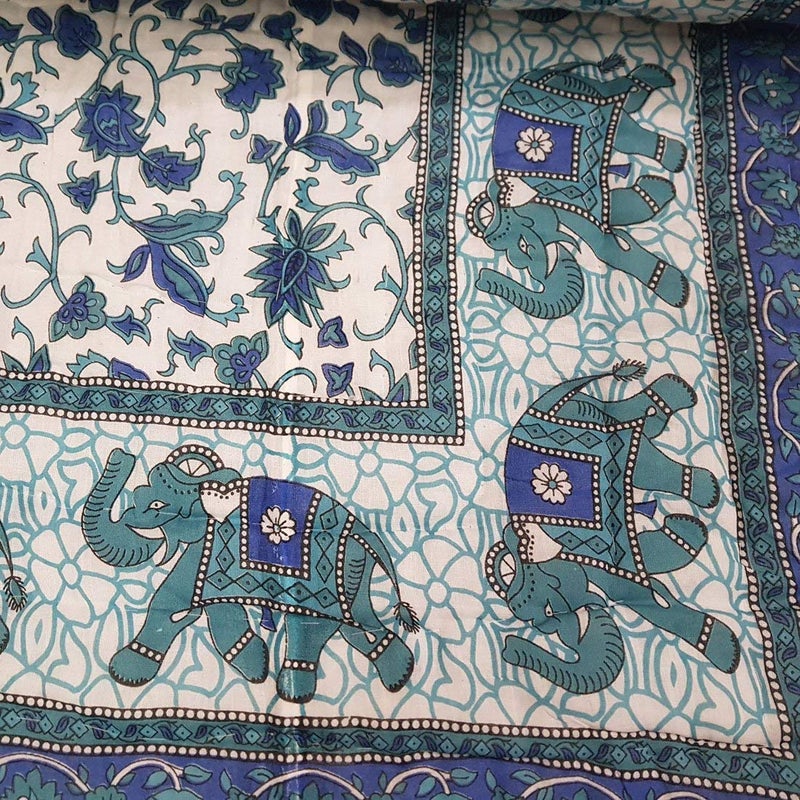 Lilfly Rajasthani Light Weight Single Bed Soft Jaipuri AC Quilt/Razai Designer Reversible Both Side use Sky Blue Floral with Elephant Boarder Cotton Quilts (Size 55X85 inch) TDS-19 - Image 2
