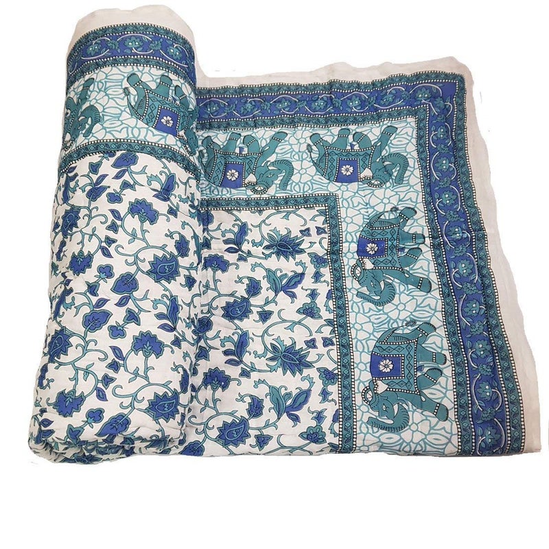 Lilfly Rajasthani Light Weight Single Bed Soft Jaipuri AC Quilt/Razai Designer Reversible Both Side use Sky Blue Floral with Elephant Boarder Cotton Quilts (Size 55X85 inch) TDS-19 - Image 1