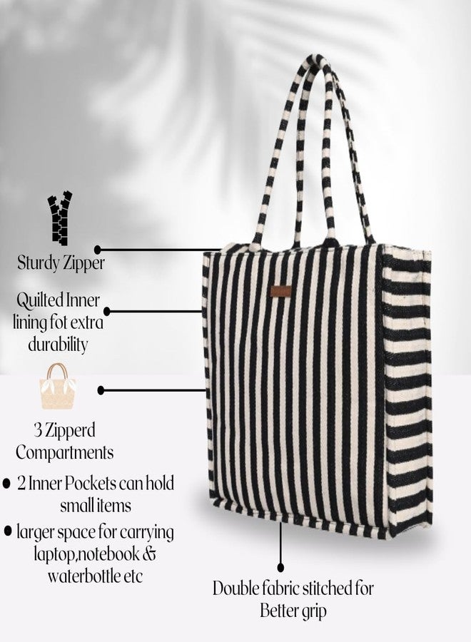 ENSAC Cotton Tote Bag for Women Premium Stylish Handbag for women with Zip Closure Ladies Shoulder Bag for Women Girls Handbag Zipper Large Capacity Shoulder Bag for College Office Use - Image 3